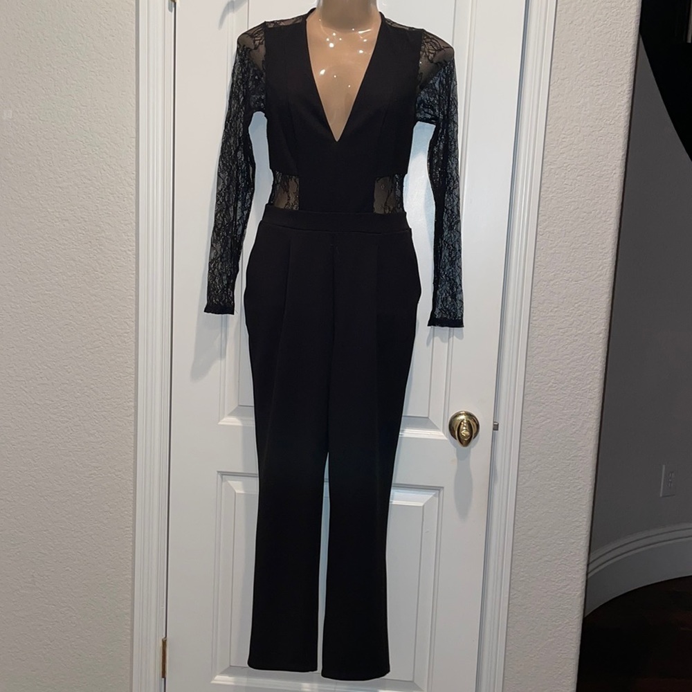 Express black dressy jumpsuit with lace detail